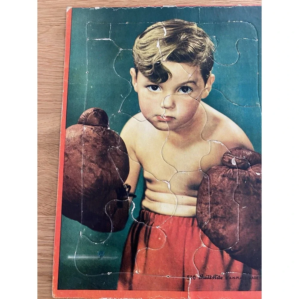 VTG Warren Built Rite Sta-N-Place Boxing Boys Tray Puzzles 510 Lot of Two MCM